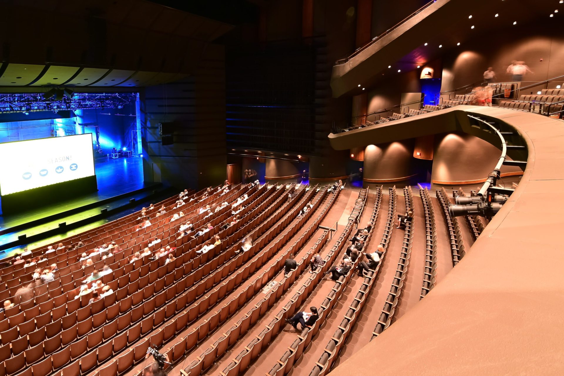 View from the balcony at Bass Concert Hall, showcasing the expansive auditorium and stage.