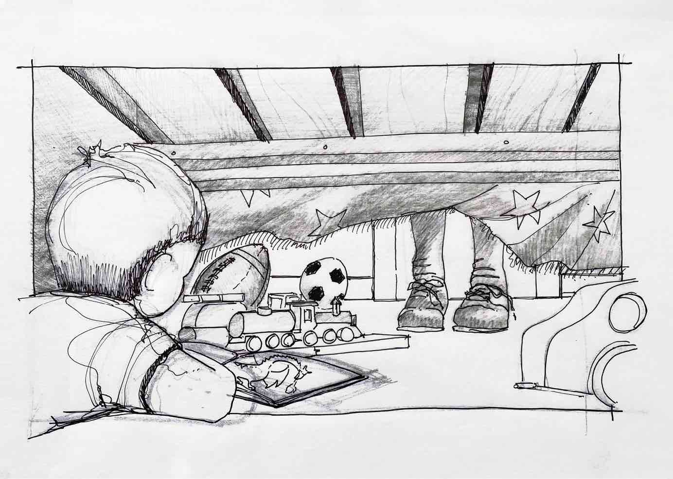 Sketch of a child under the bed with his toys and books